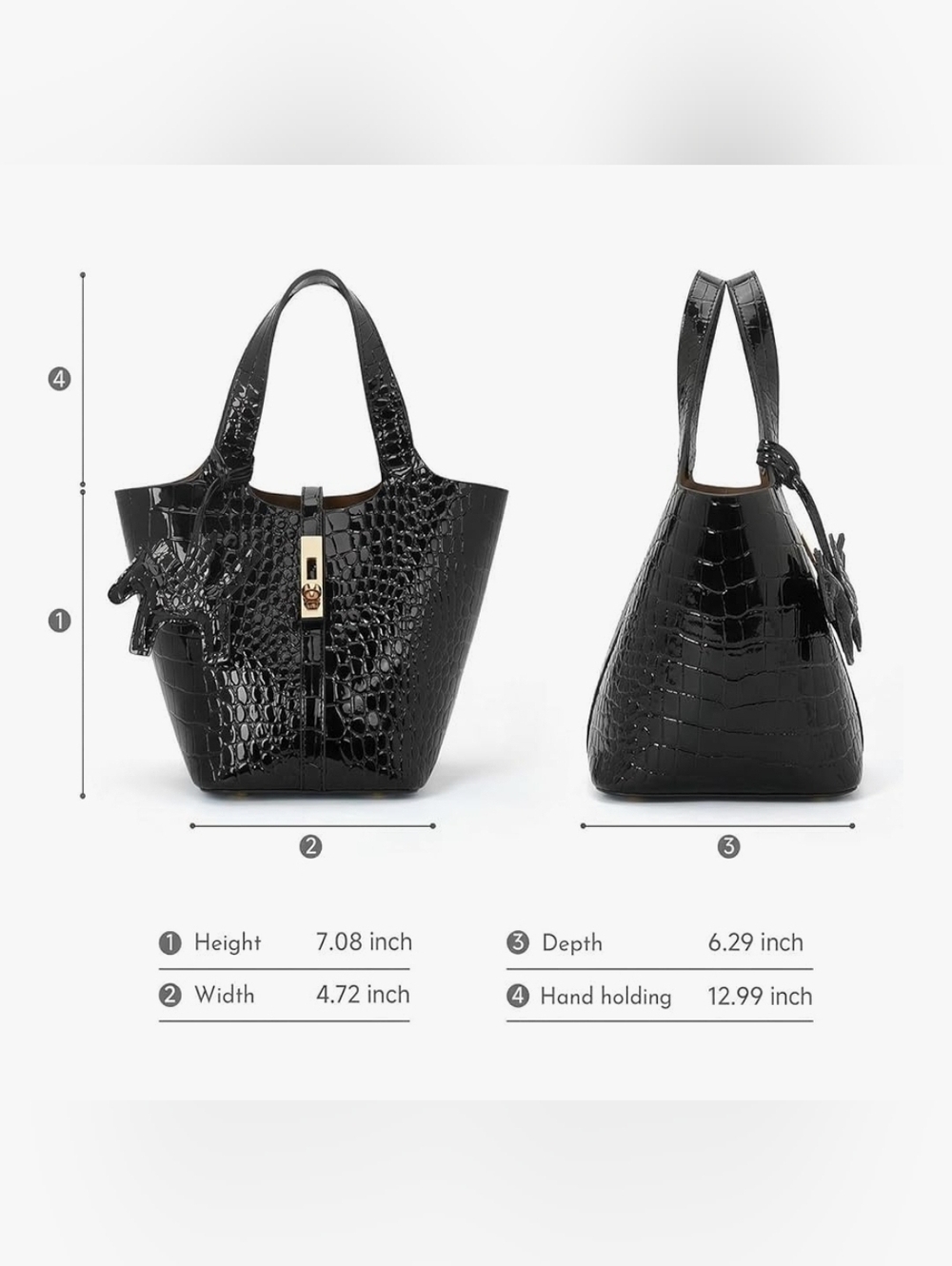 1 Left! Black Croc-Embossed Vegan Leather Bucket Top Handle Handbag - Picture 4 of 5